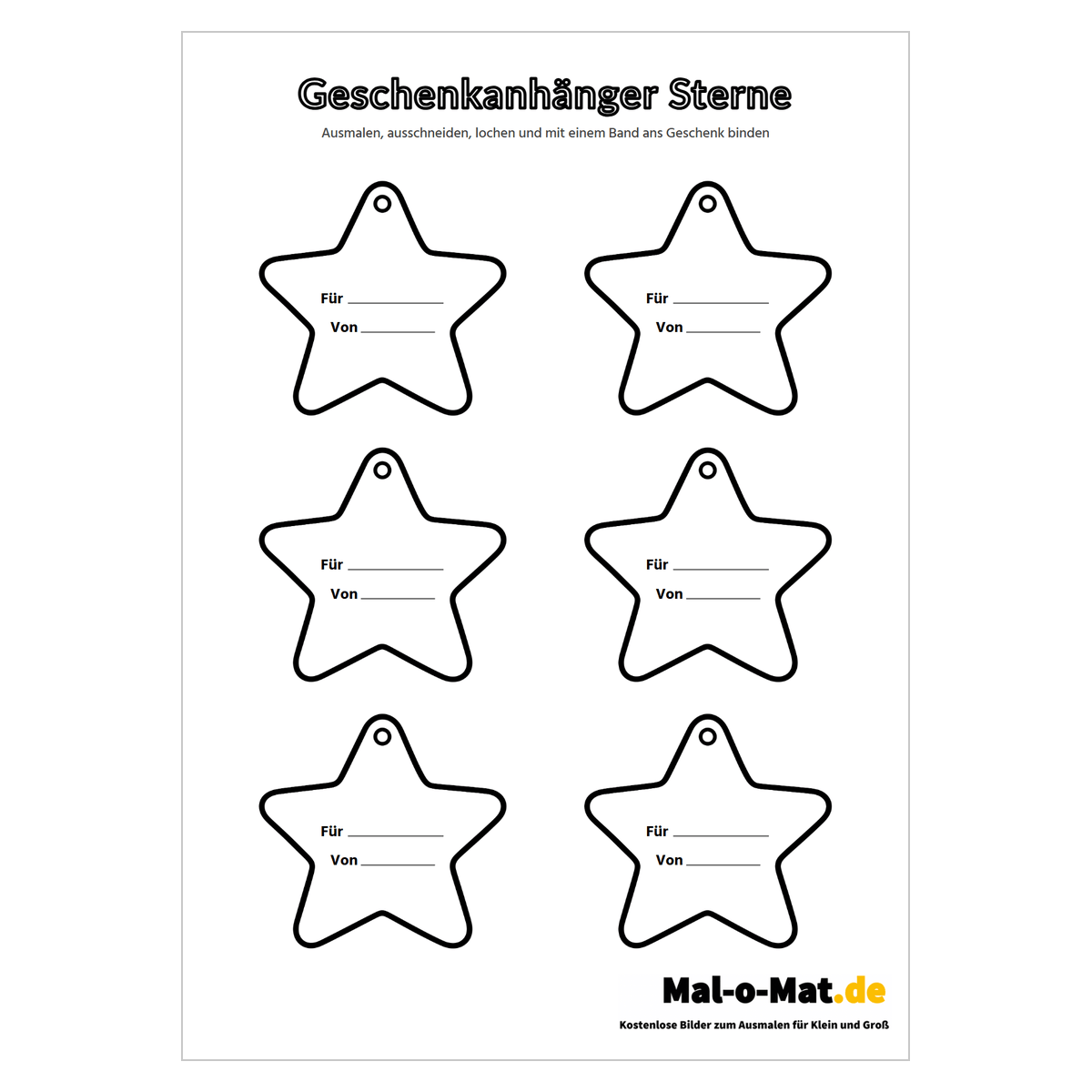 Sechs Geschenkanhänger in Sternform mit Linien für Für und Von