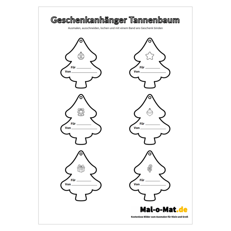 Sechs Geschenkanhänger in Tannenbaumform mit kleinen Weihnachtsmotiven