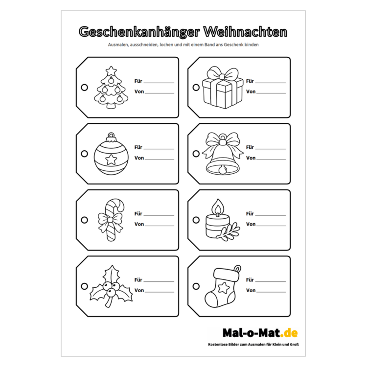 Acht Geschenkanhänger Weihnachten mit Tannenbaum, Kugel, Glocke und Strumpf