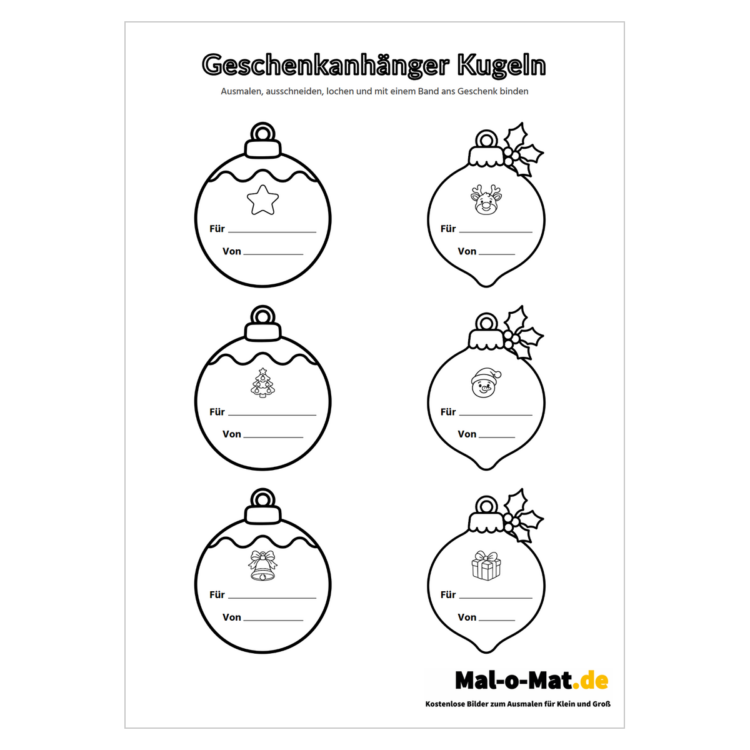 Runde Geschenkanhänger in Form von Weihnachtskugeln mit kleinen Motiven