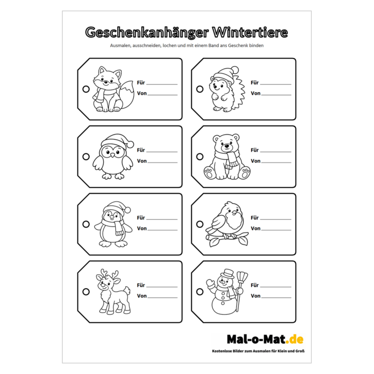 Geschenkanhänger mit Wintertieren wie Fuchs, Igel, Eule und Eisbär