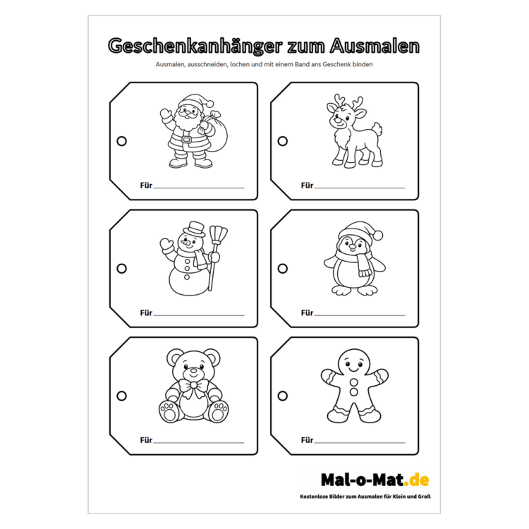 Große Geschenkanhänger zum Ausmalen mit Weihnachtsmann, Rentier und Schneemann