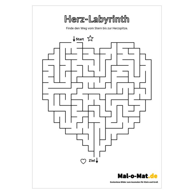 Labyrinth in Herzform mit Start oben links und Ziel an der Spitze