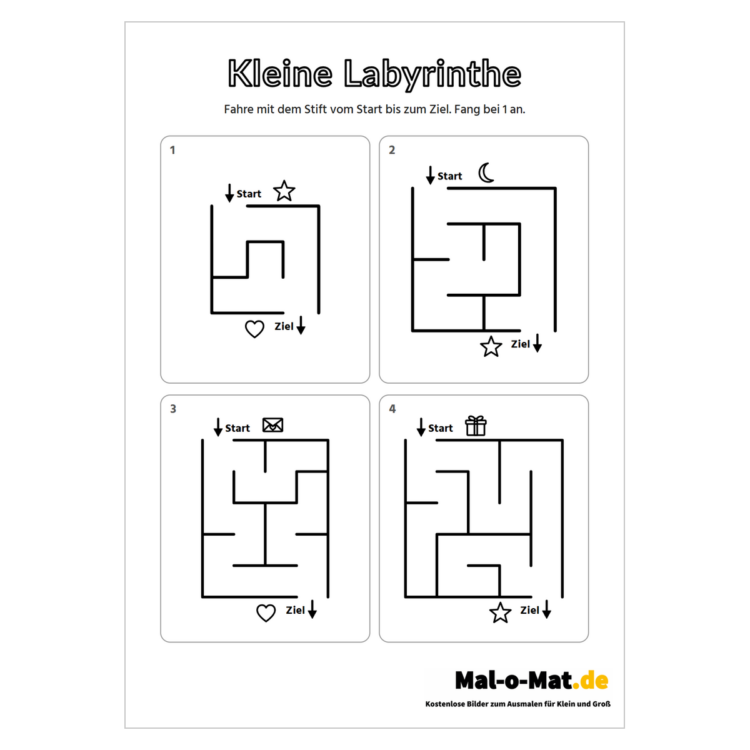Arbeitsblatt mit vier kleinen Labyrinthen in steigender Größe