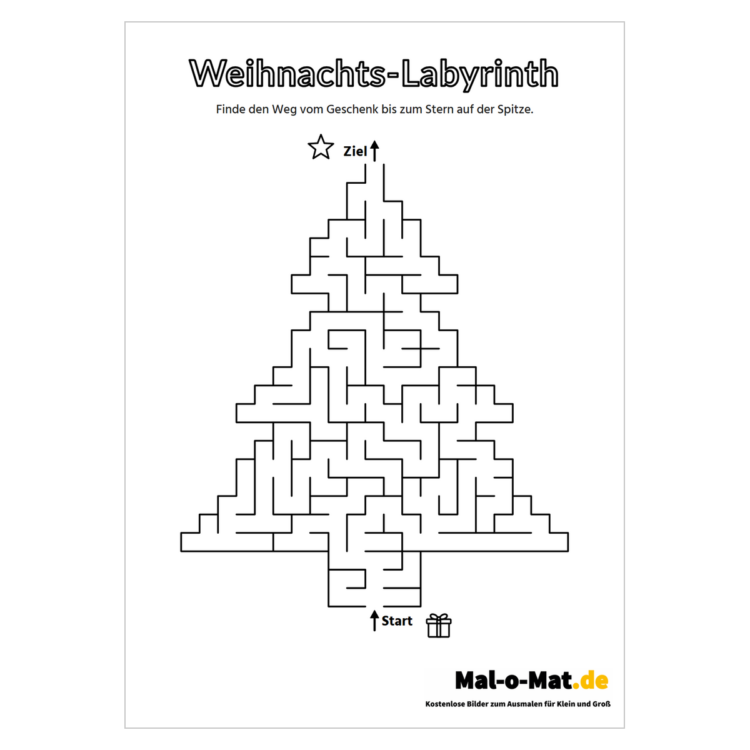 Mittelschweres Labyrinth in Tannenbaumform mit Start am Stamm und Ziel an der Spitze