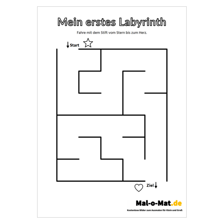 Sehr leichtes Labyrinth mit großen Feldern, Start oben links und Ziel unten rechts