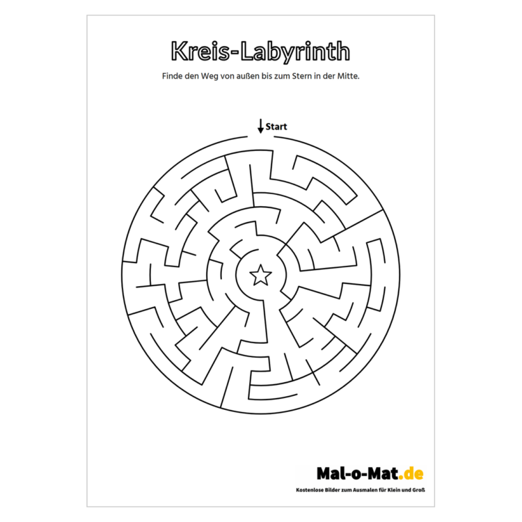 Mittelschweres rundes Labyrinth mit acht Ringen, Start am äußeren Rand und Ziel in der Mitte