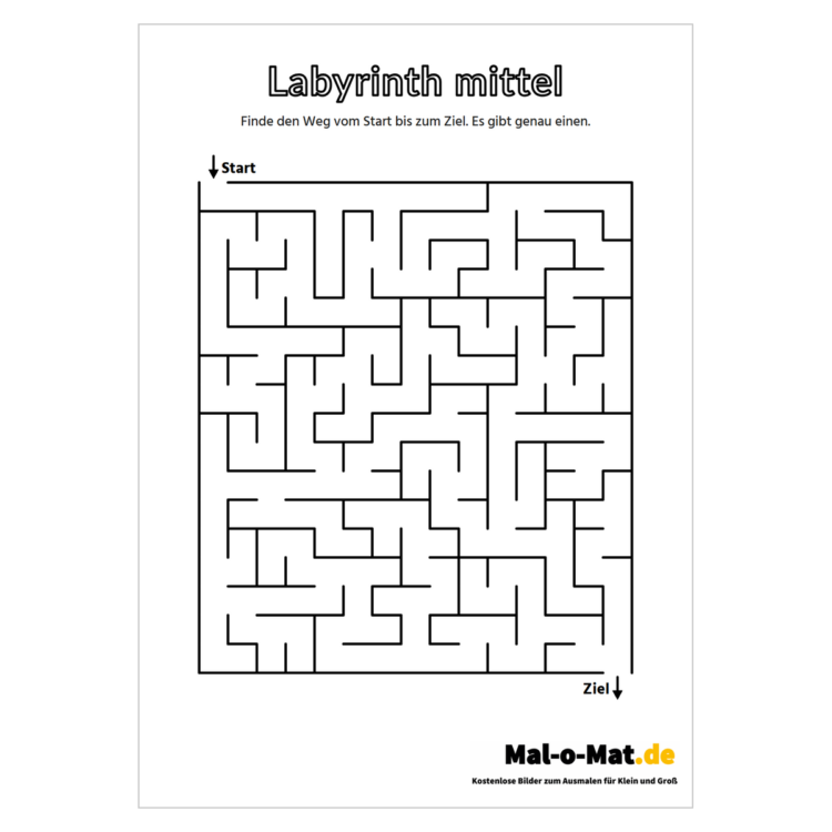 Mittelschweres rechteckiges Labyrinth mit Start oben links und Ziel unten rechts