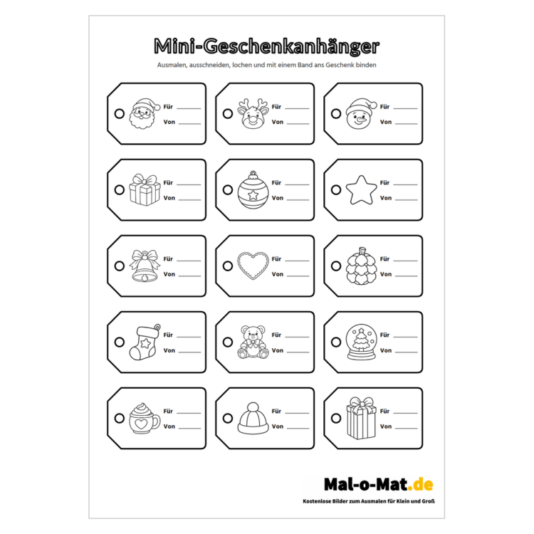 Fünfzehn kleine Geschenkanhänger mit Weihnachtsmotiven zum Ausmalen