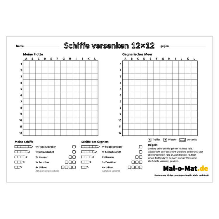 Schiffe versenken 12x12 im Querformat mit zwei großen Spielfeldern und Flottenlisten für elf Schiffe