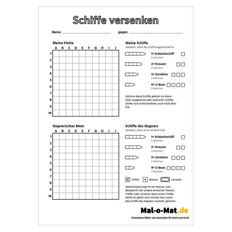 Schiffe versenken Vorlage mit zwei Spielfeldern A bis J und 1 bis 10, Flottenliste und Regeln