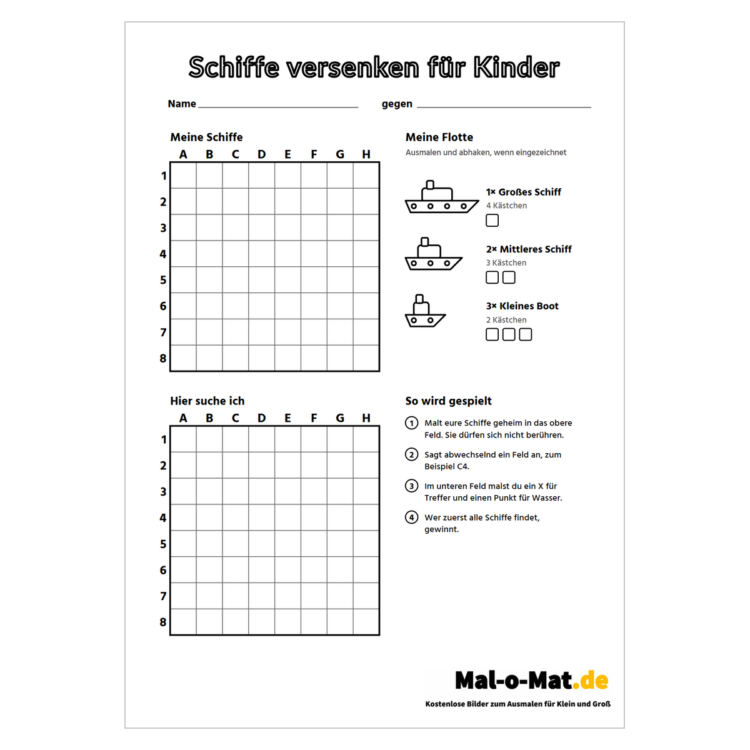 Schiffe versenken für Kinder mit zwei 8x8-Feldern, Booten zum Ausmalen und Spielregeln in vier Schritten
