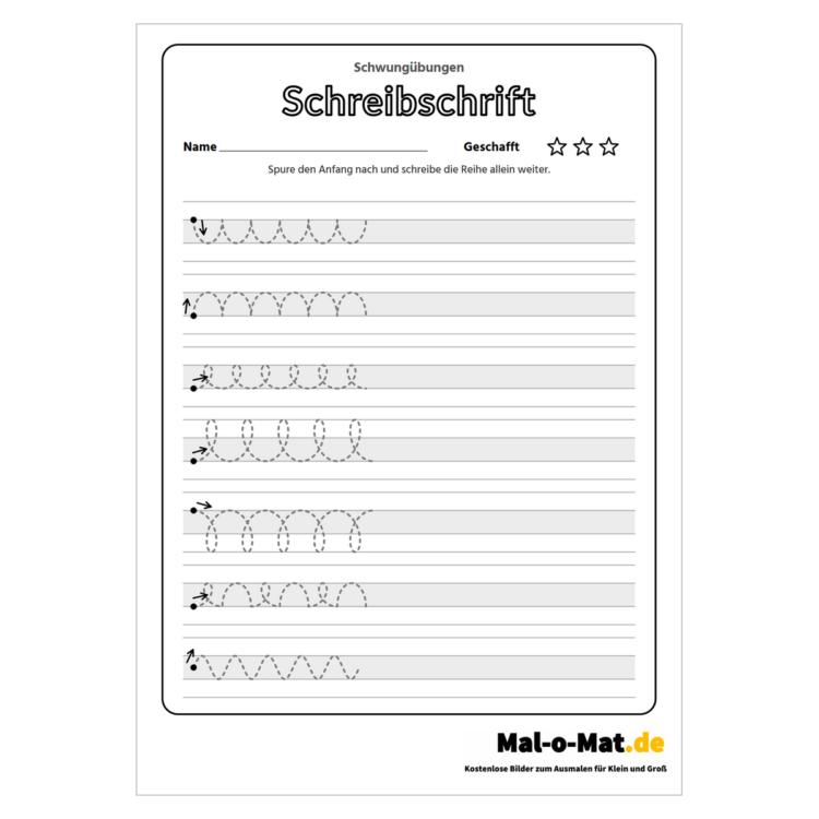 Arbeitsblatt Schwungübungen Schreibschrift mit Lineatur, Mittelband und Schleifen zum Weiterschreiben