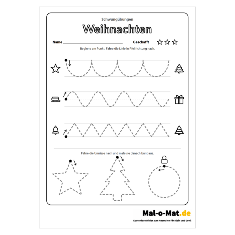 Arbeitsblatt Schwungübungen Weihnachten mit Stern, Tannenbaum und Weihnachtskugel zum Nachspuren