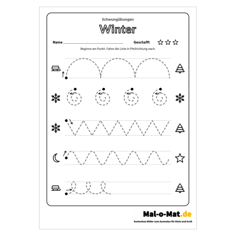 Arbeitsblatt Schwungübungen Winter mit Schlitten, Schneeflocken und Tannen und gestrichelten Spuren