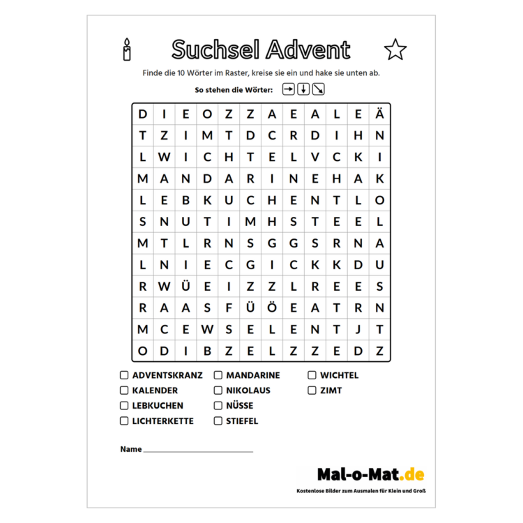 Advents-Suchsel mit Kerze und Stern und zehn Wörtern