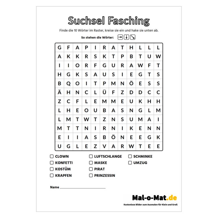 Faschings-Suchsel mit zehn Wörtern wie Kostüm und Konfetti