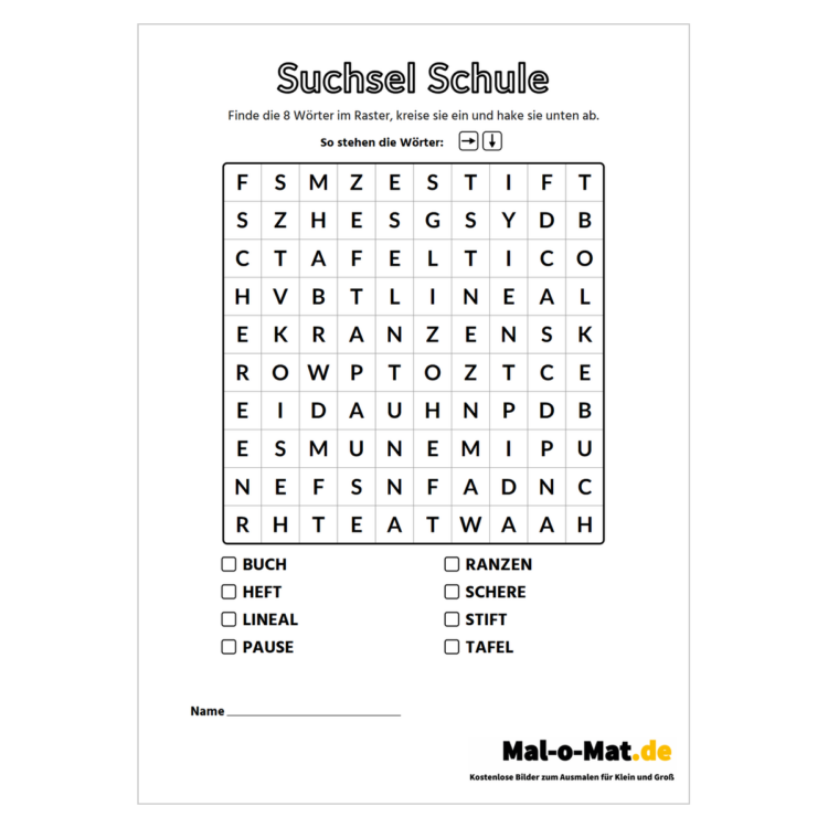 Suchsel mit Schulwörtern wie Heft, Tafel und Ranzen