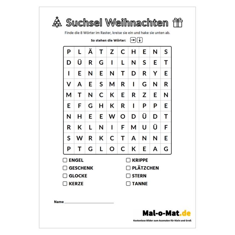 Weihnachts-Suchsel mit Tannenbaum und Geschenk und acht Wörtern