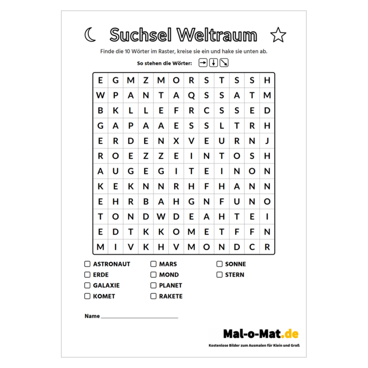 Weltraum-Suchsel mit Mond und Stern und zehn Wörtern