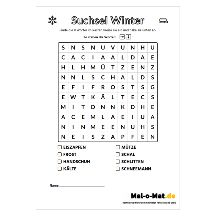 Winter-Suchsel mit Schneeflocke und Schlitten und acht Winterwörtern