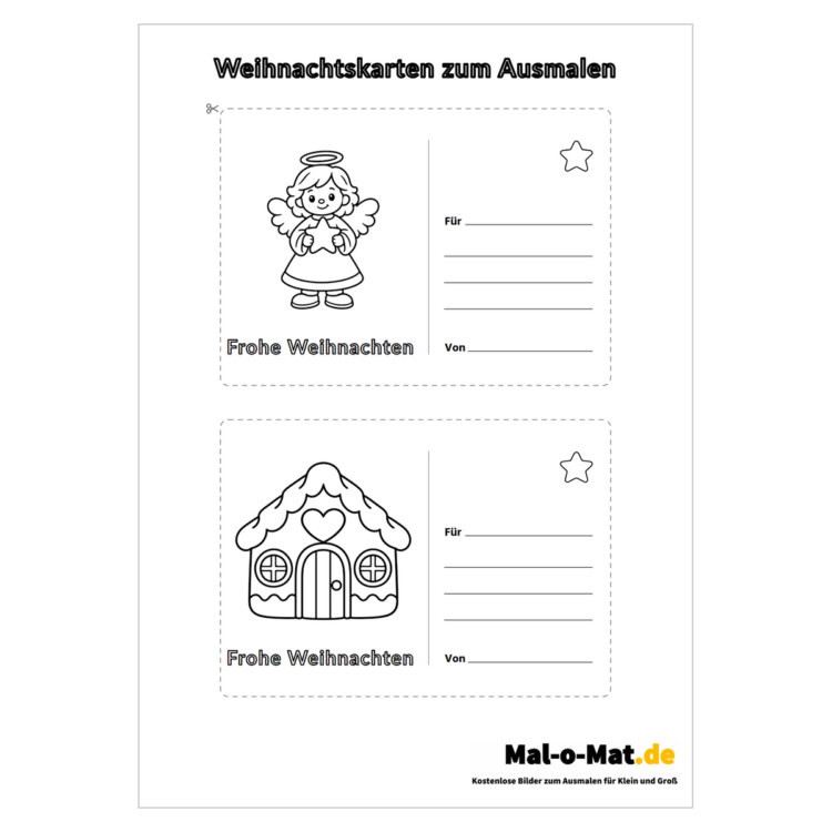 Zwei Weihnachtskarten zum Ausmalen mit Engel und Lebkuchenhaus