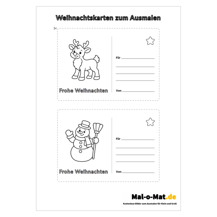 Zwei Weihnachtskarten zum Ausmalen mit Rentier und Schneemann