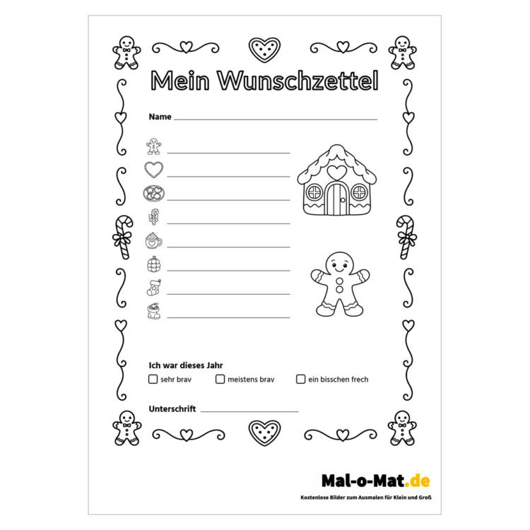 Wunschzettel mit Lebkuchenhaus, Lebkuchenmann und Rahmen aus Zuckerstangen