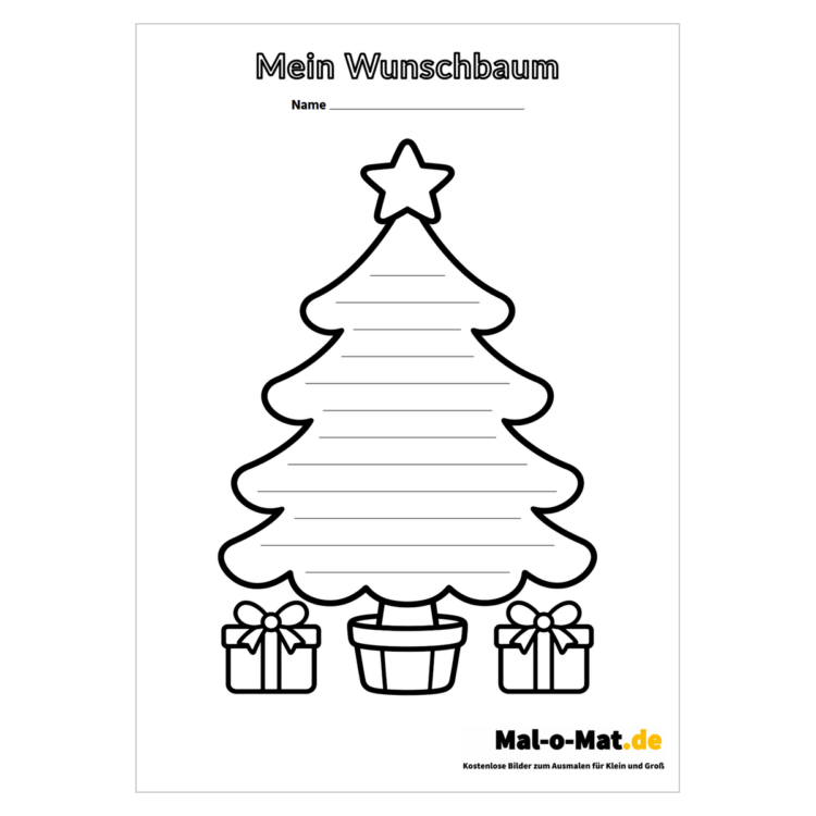 Wunschzettel in Form eines Tannenbaums mit Schreiblinien und Stern