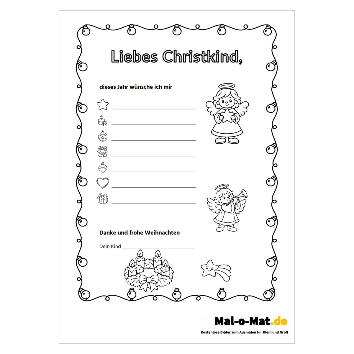 Wunschzettel ans Christkind mit Engel, Adventskranz und Wunschlinien zum Ausmalen