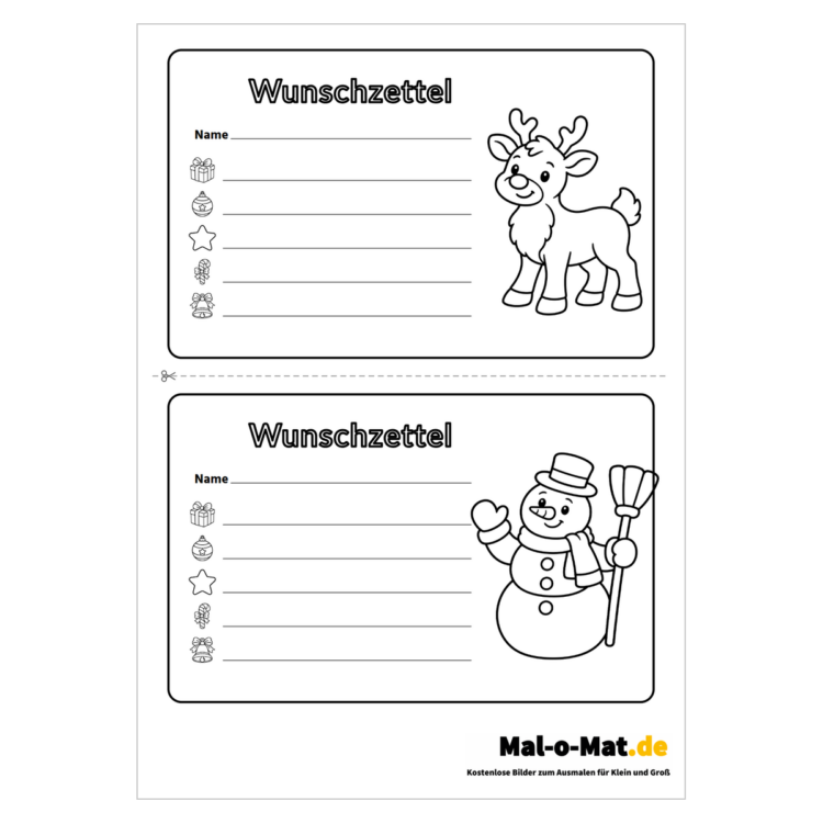 Zwei Wunschzettel auf einer Seite mit Rentier und Schneemann zum Ausschneiden
