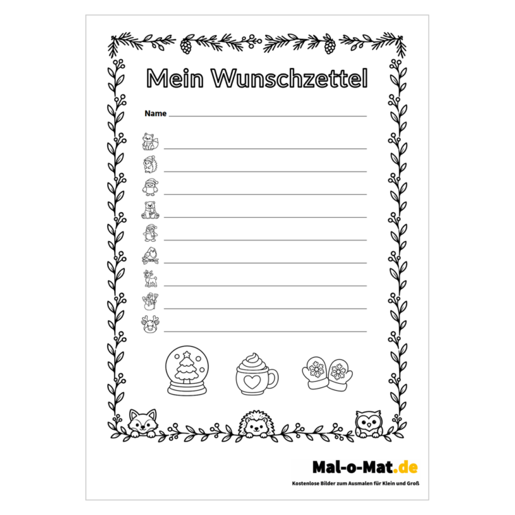 Wunschzettel mit Wintertieren wie Fuchs, Igel und Eule im Zweigrahmen