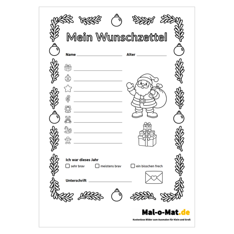 Wunschzettel zum Ausdrucken mit Weihnachtsmann, Geschenken und Rahmen aus Tannenzweigen