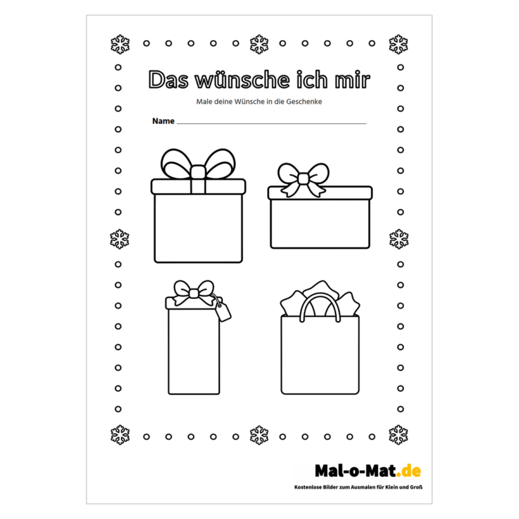 Wunschzettel zum Ausmalen mit vier leeren Geschenken, Rentier, Schneemann und Pinguin