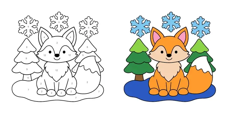 Malen nach Zahlen Fuchs im Schnee Vorlage mit Zahlen und Lösung